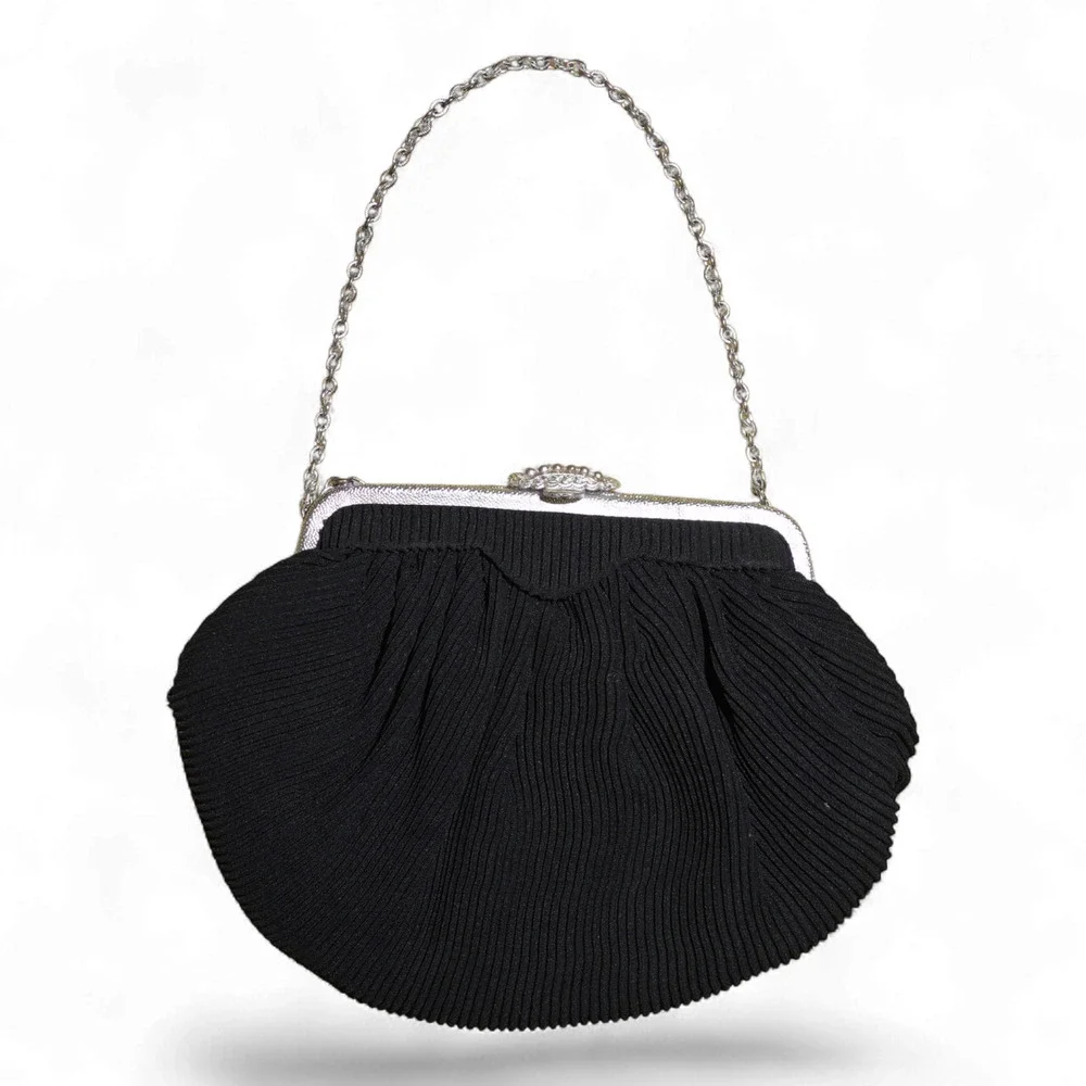 Vintage La Marquise Pleated Evening Bag Black w/ Silver Frame Kiss Lock 40s EUC